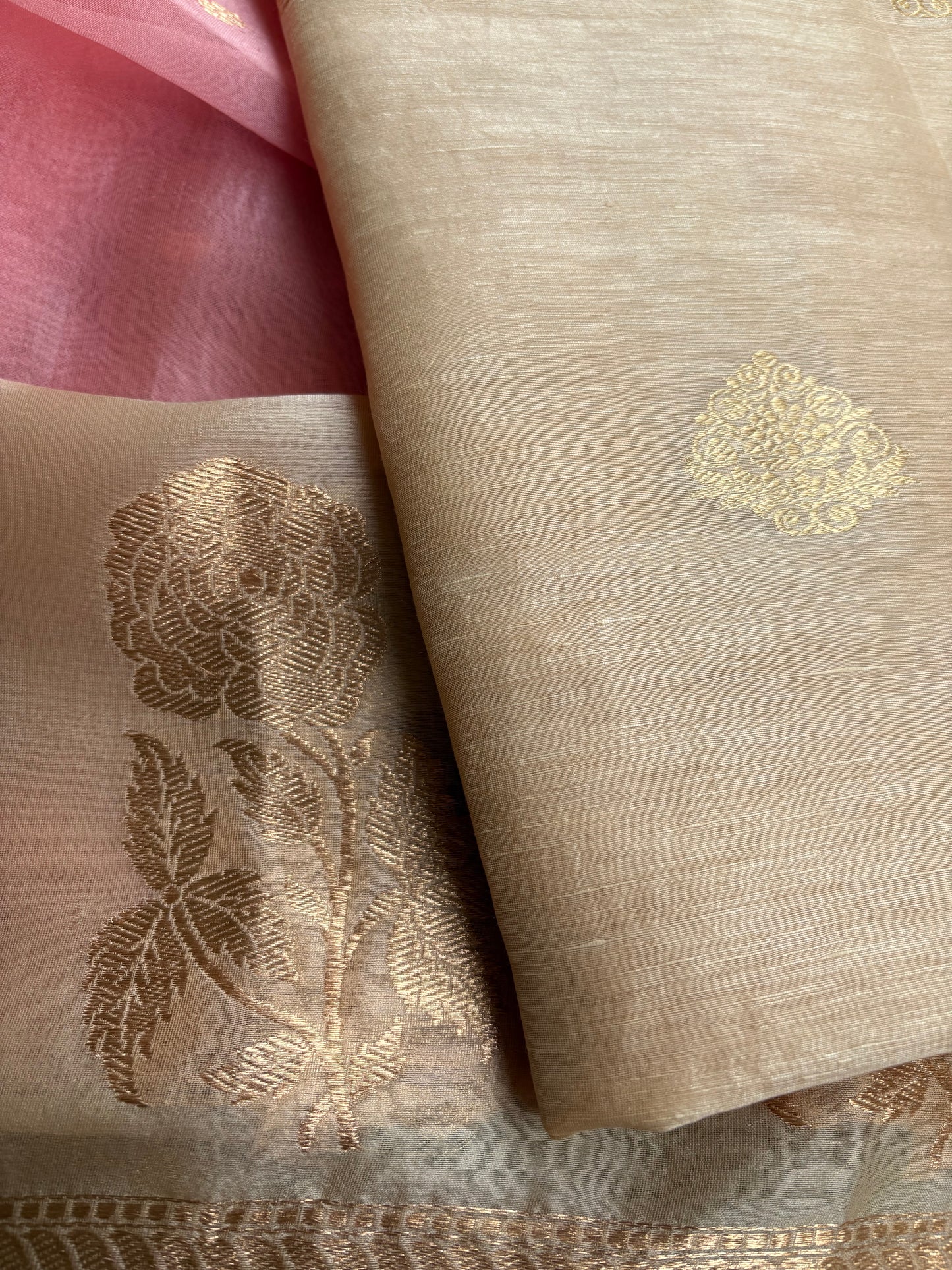 Beige linen silk kurta with kora silk dupatta