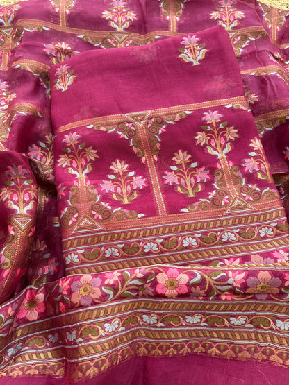 Magenta kora silk jaal suit set