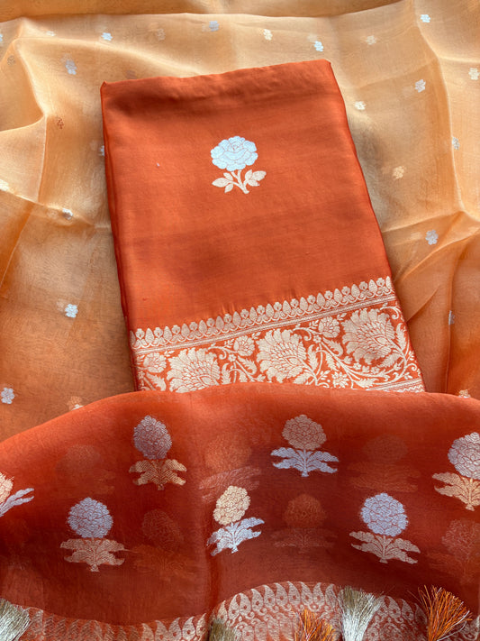 Orange Chiniya silk kurta , bottom and shaded dupatta