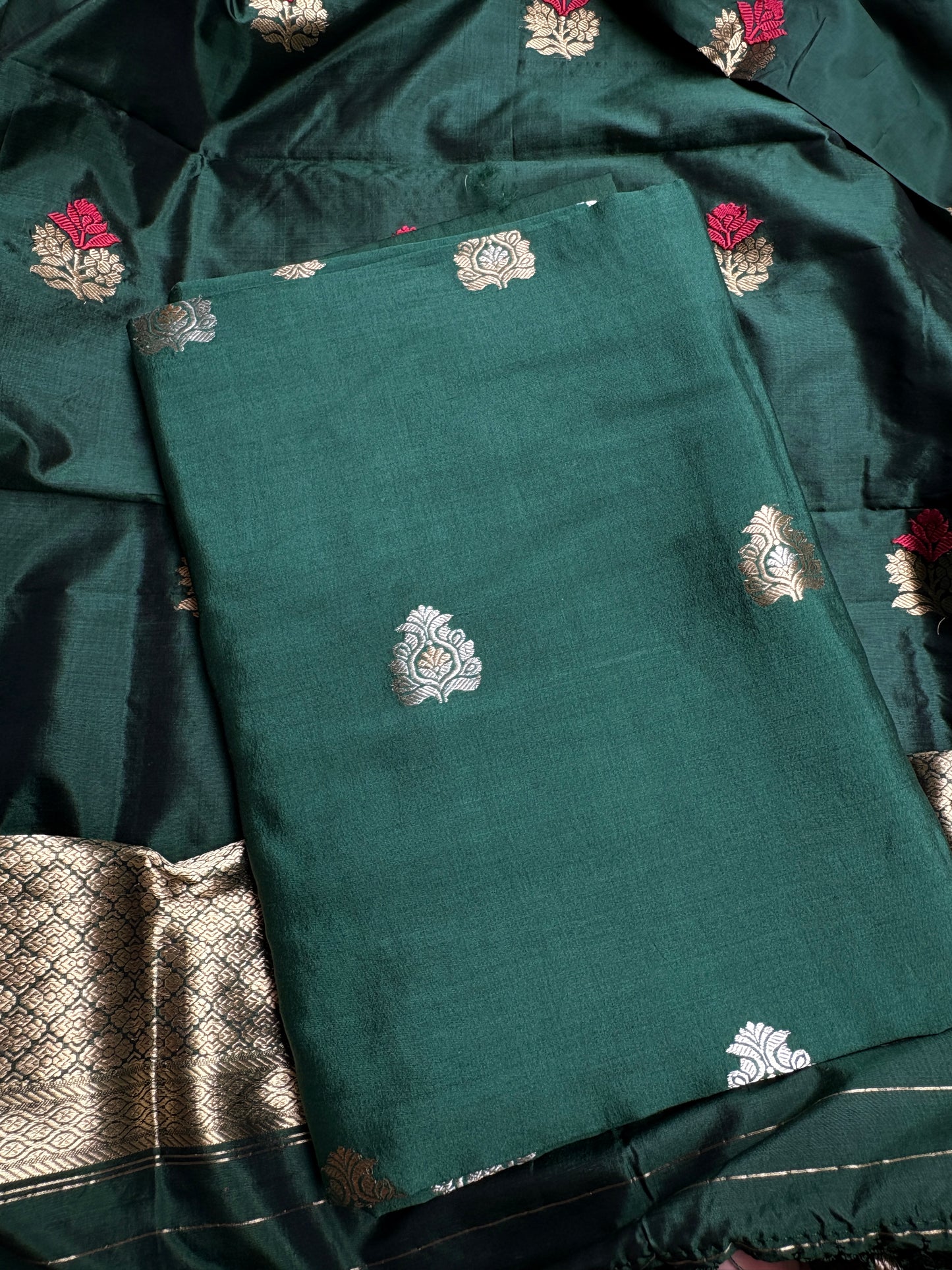 Green Chiniya silk kurta, bottom, katan silk kadhwa dupatta