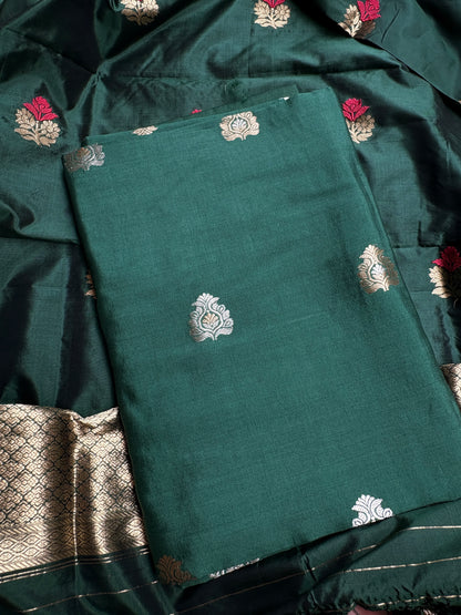 Green Chiniya silk kurta, bottom, katan silk kadhwa dupatta