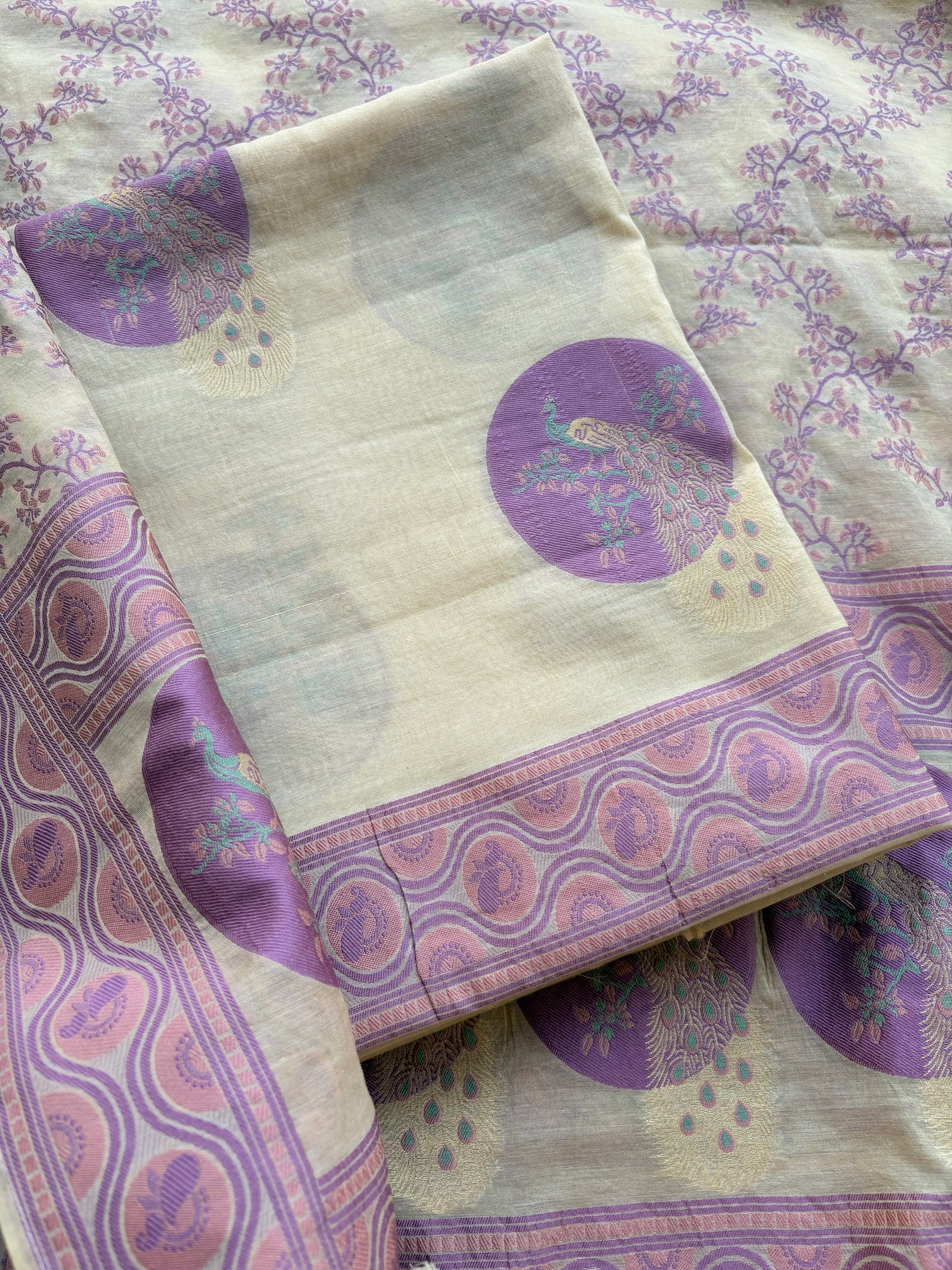 Cream lavender Chanderi cotton suit set
