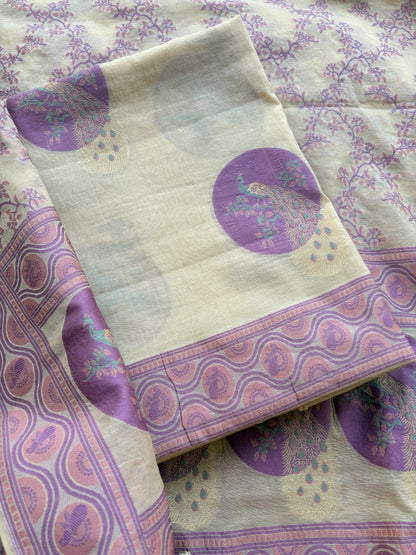 Cream lavender Chanderi cotton suit set