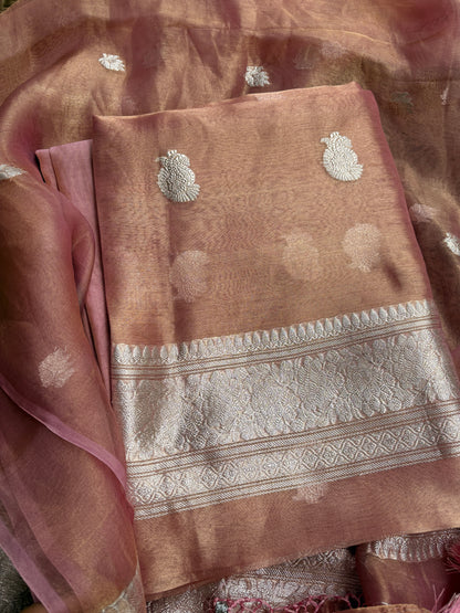 Pink tissue suit set with two sided border dupatta