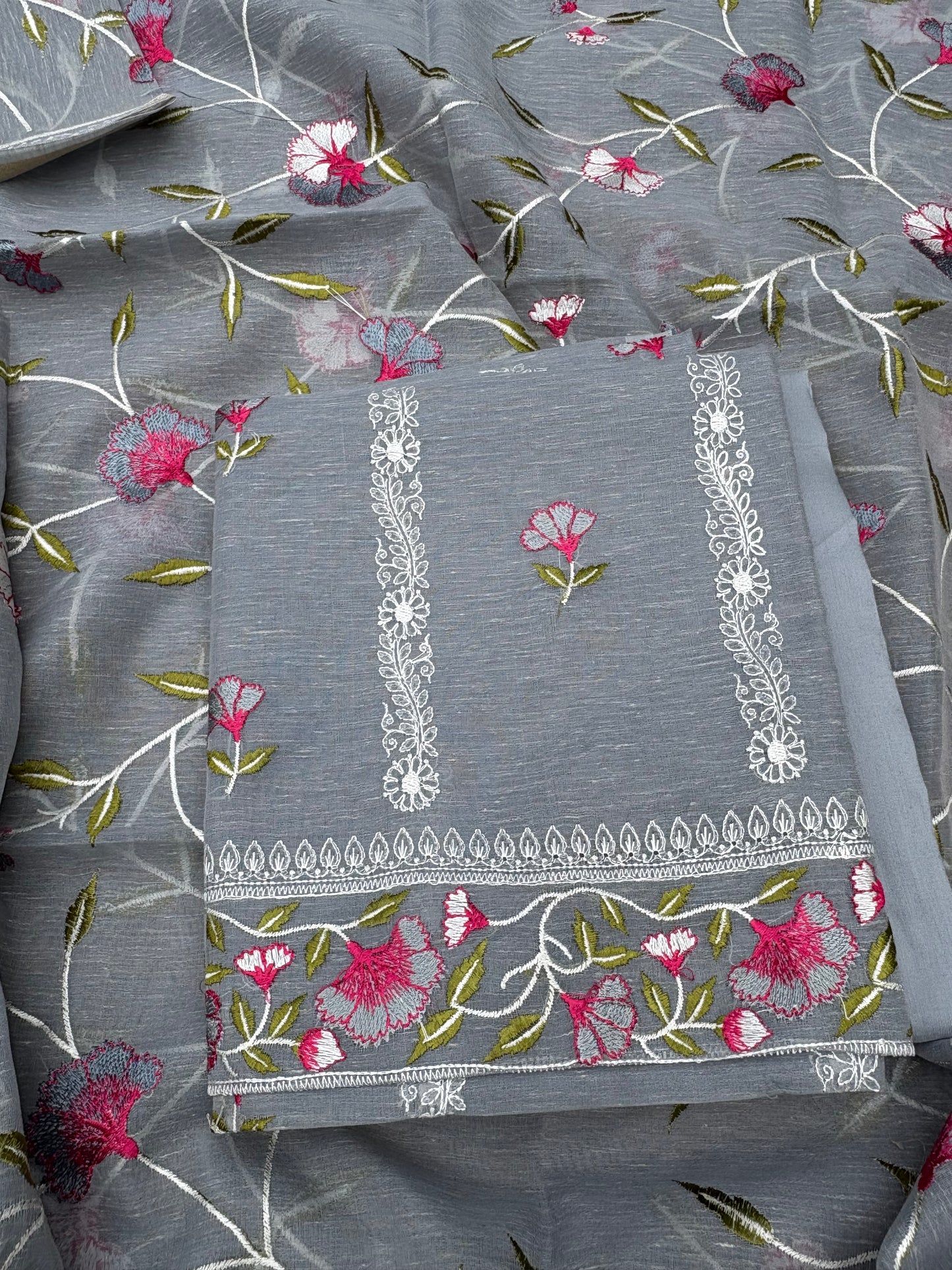 Grey linen cotton embroidered 3 piece suit set
