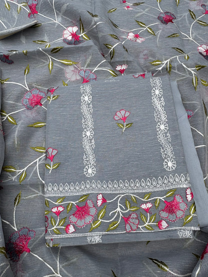 Grey linen cotton embroidered 3 piece suit set