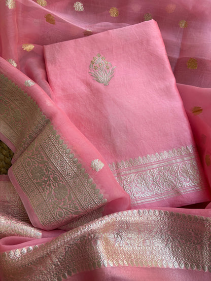 Pink pure silver zari chiniya kurta, kora dupatta, plain silk bottom.