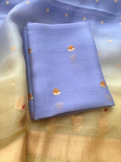 Lavender kora silk suit with yellow shaded dupatta