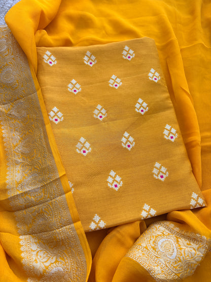 Yellow moonga silk suit with  Khaddi chiffon dupatta