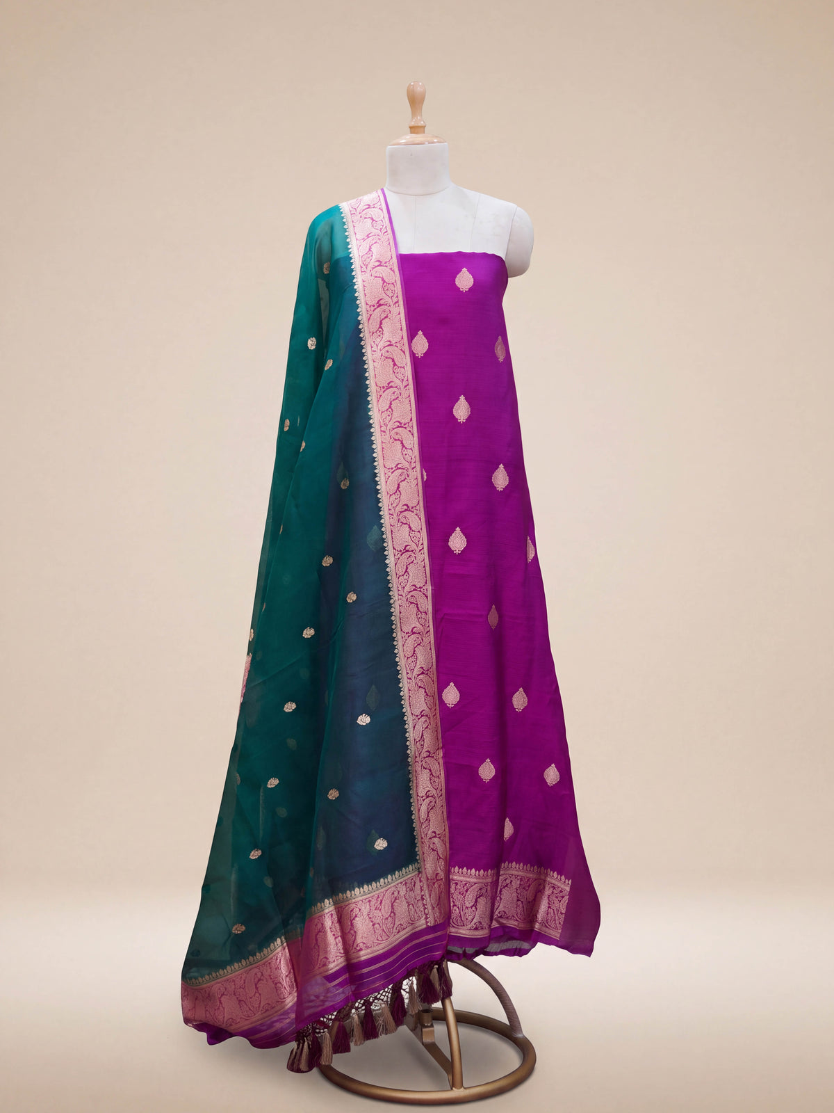 Purple Chiniya silk kurta with green shaded dupatta