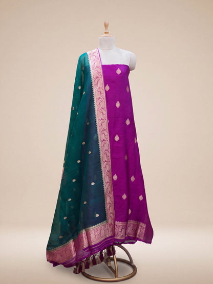 Purple Chiniya silk kurta with green shaded dupatta