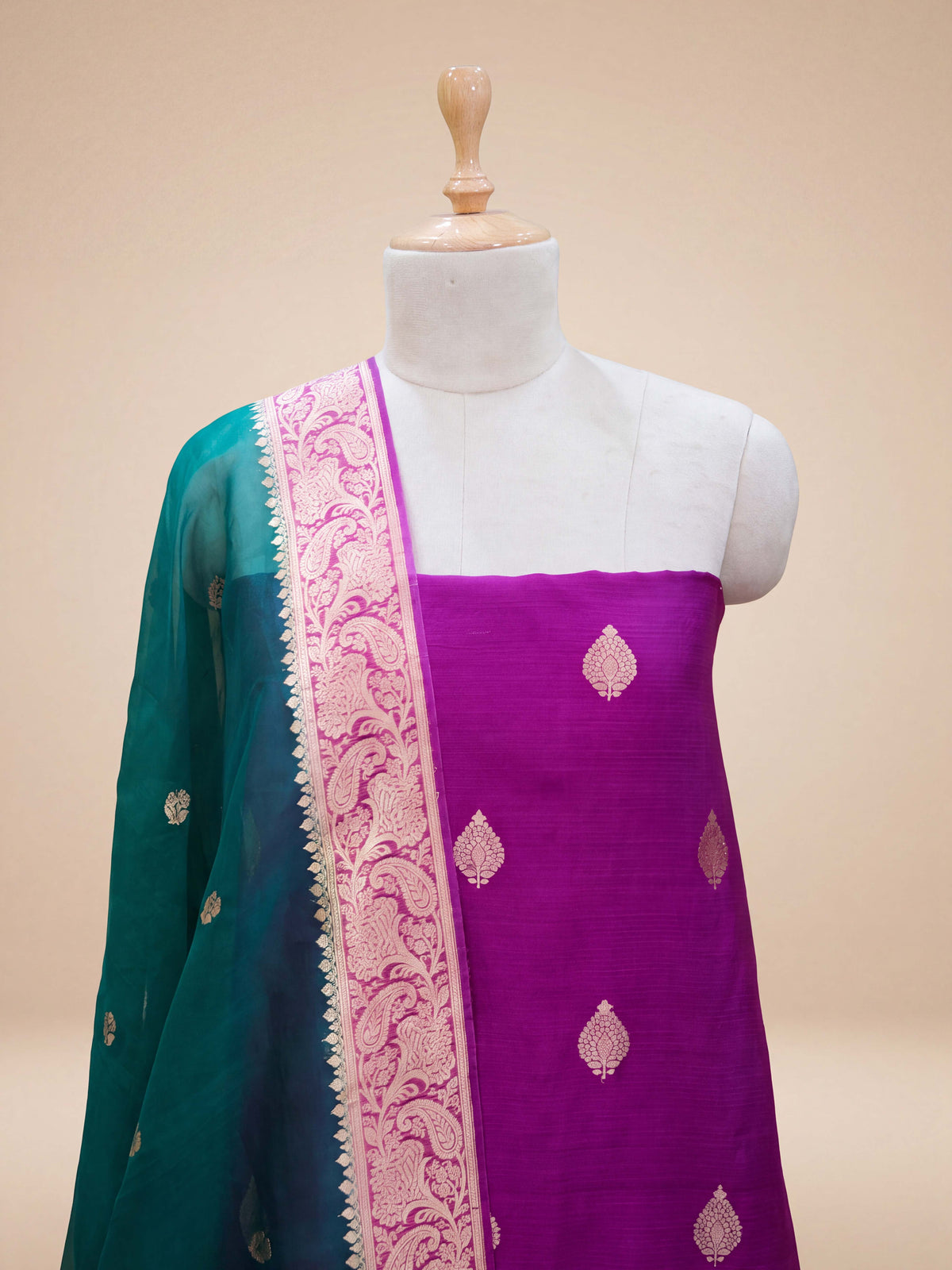 Purple Chiniya silk kurta with green shaded dupatta
