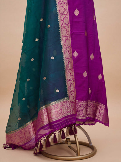 Purple Chiniya silk kurta with green shaded dupatta