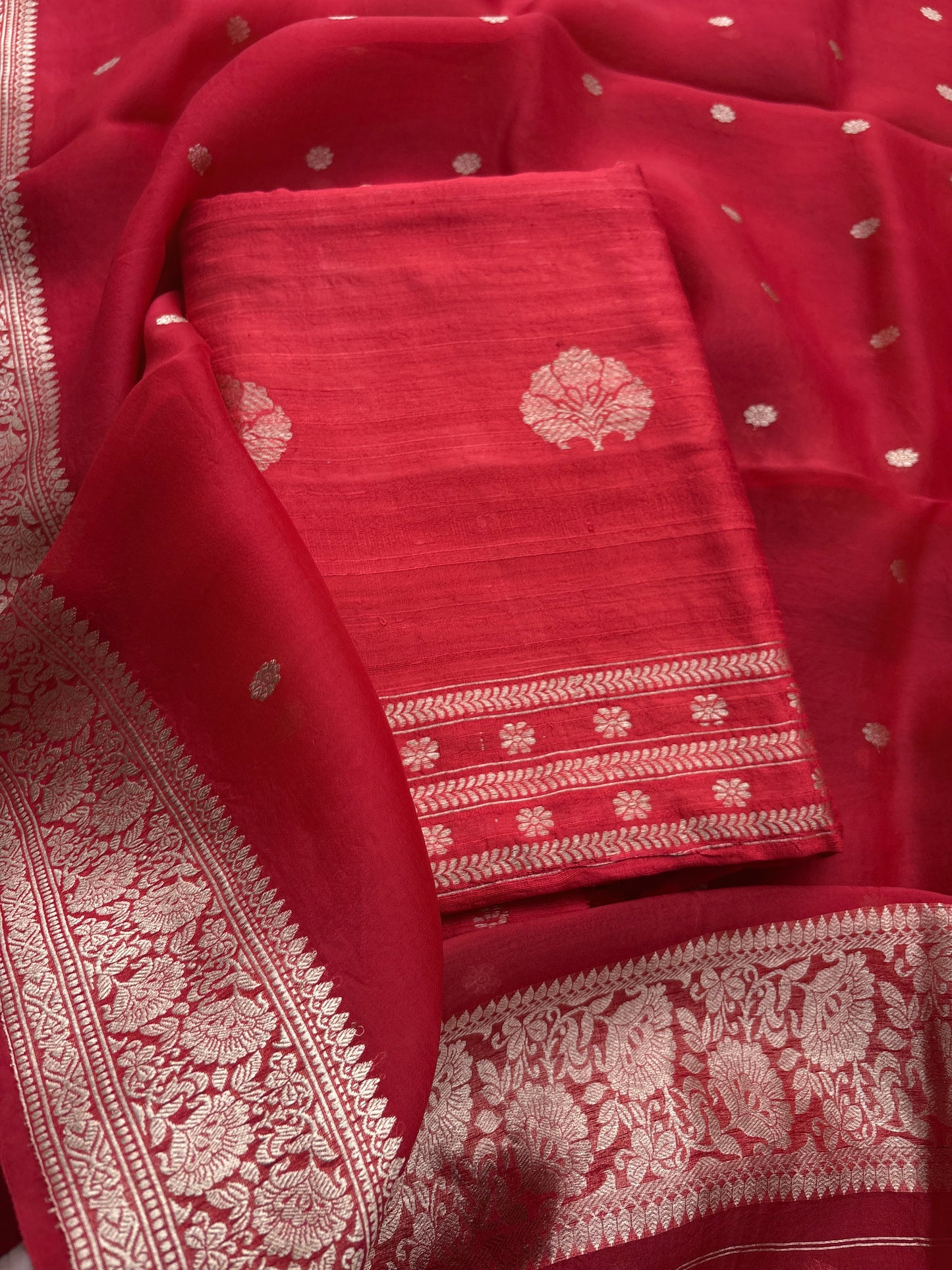 Red raw silk kadhwa suit set