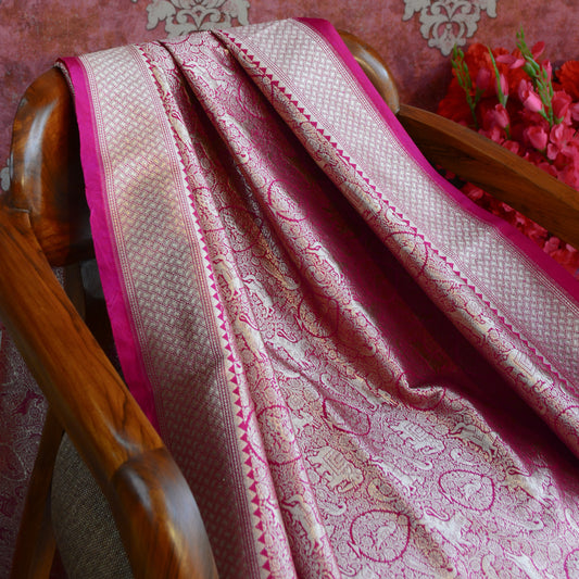 Pink Banarasi silk shikargah dupatta
