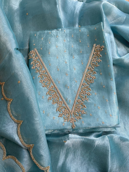 Blue tissue embroidered suit set