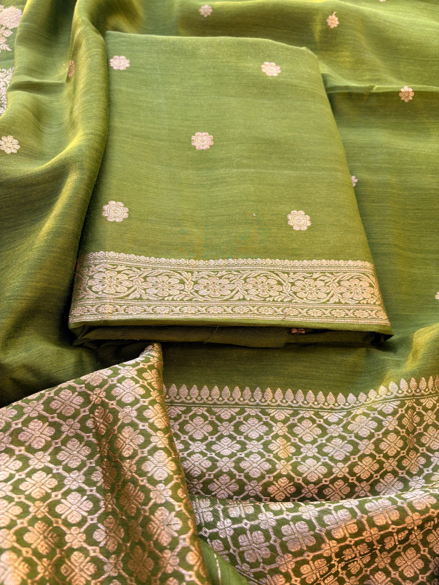 Green moonga silk kadhwa suit set