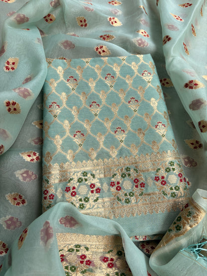 Blue moonga silk kurta, kora silk kadhwa dupatta , plain bottom