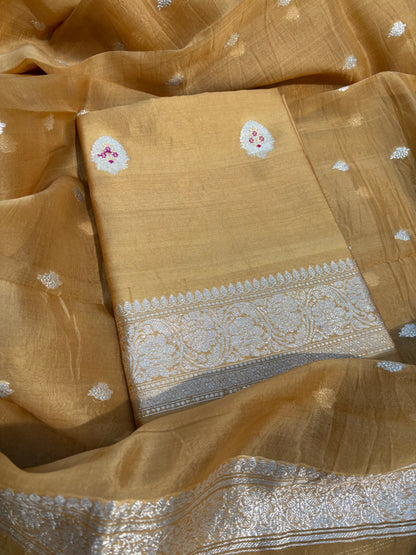 Light yellow meenadar silver zari Chiniya kora suit set