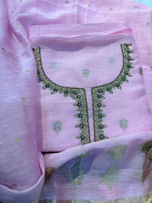 Pink linen silk hand embroidered suit set