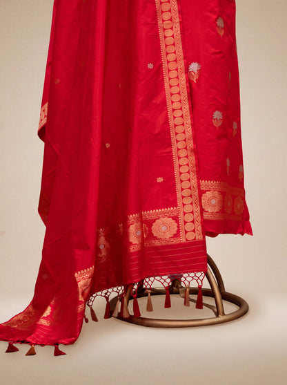 Red katan by katan silk kadhwa suit set