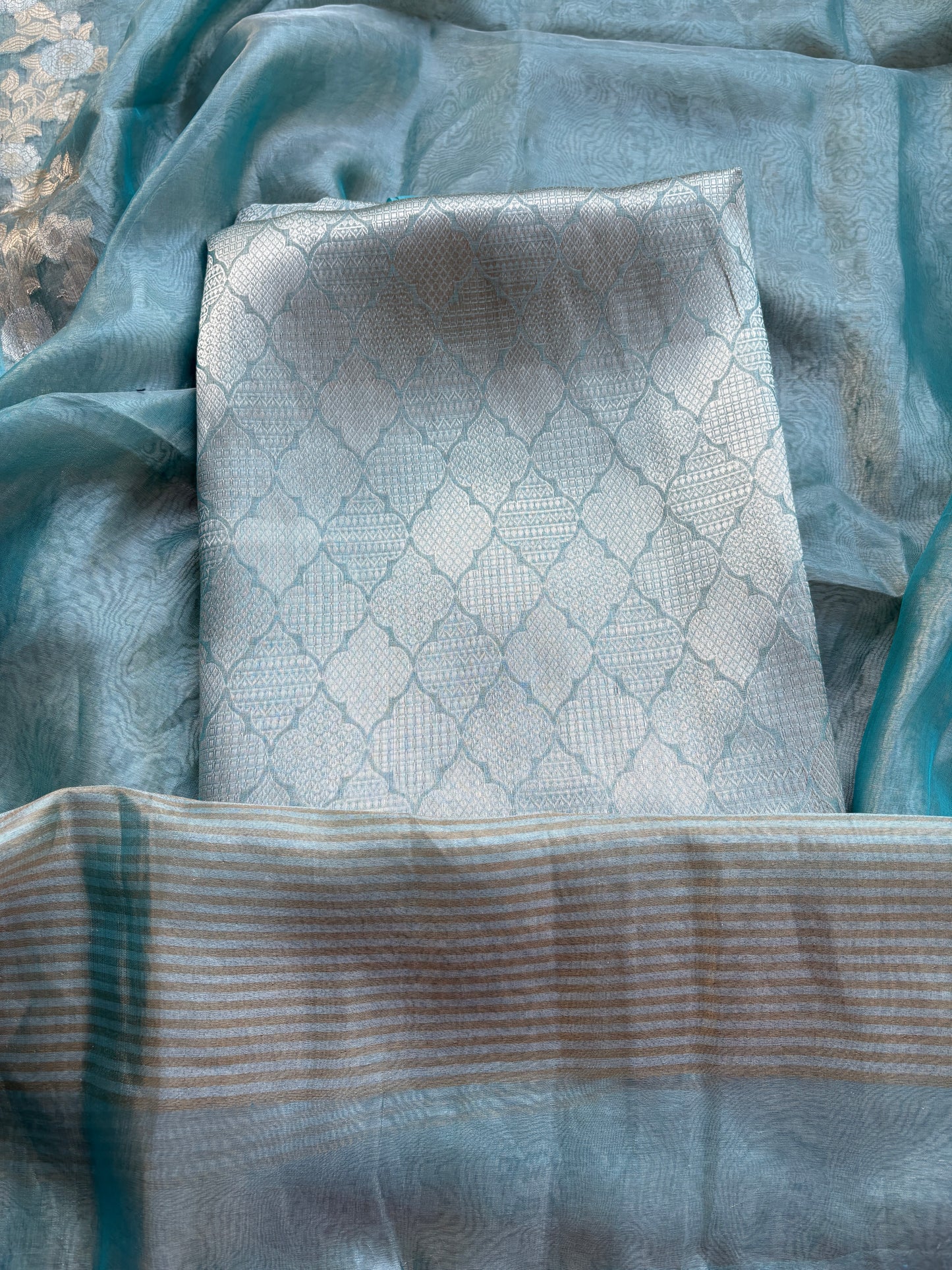 Blue pure tissue brocade silk suit set