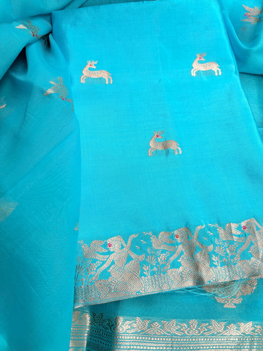 Blue pure silk kadhwa motif suit set