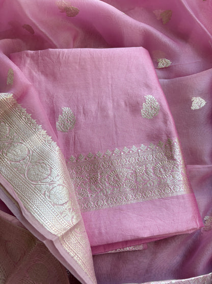 Pink Chiniya kora silver zari suit set