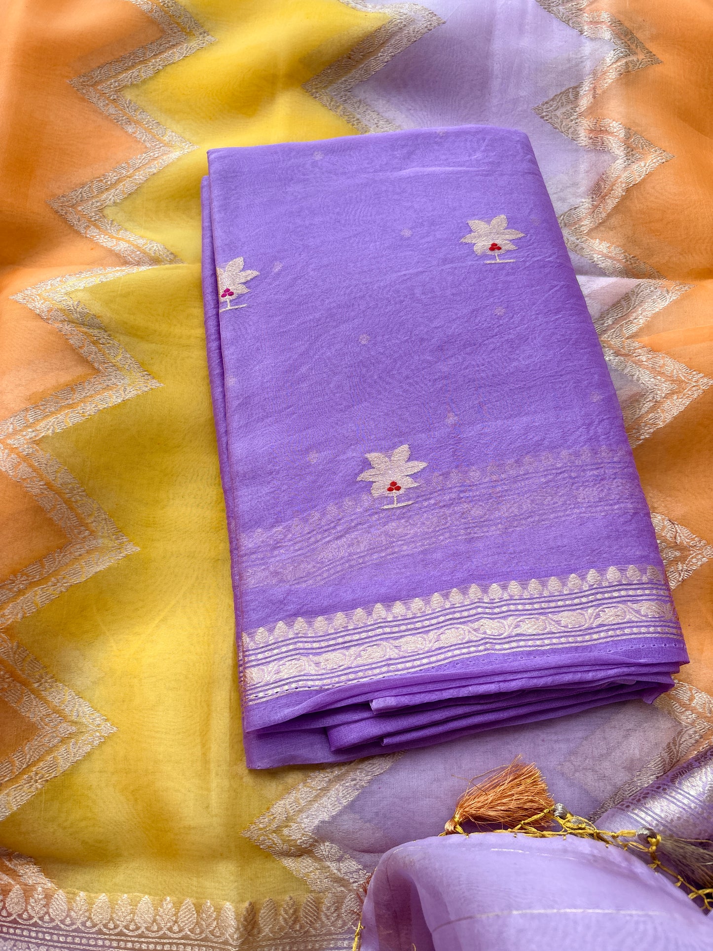 Lavender Kora silk suit with shaded kora dupatta