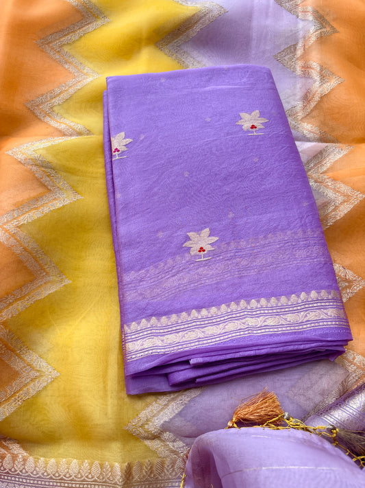 Lavender Kora silk suit with shaded kora dupatta
