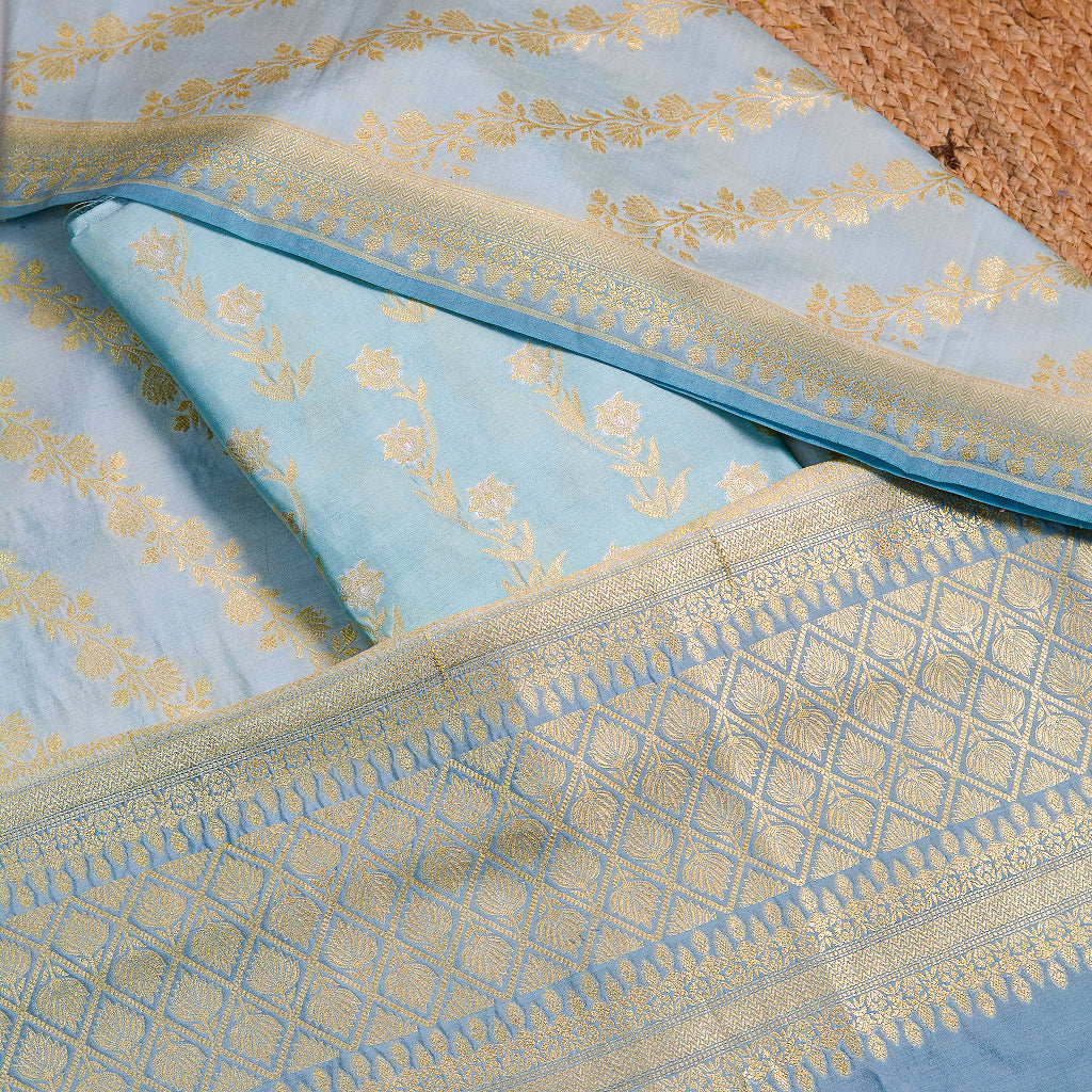Blue Chiniya silk with chaap dyed dupatta