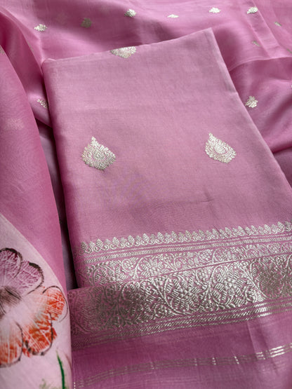 Pink silver zari Chiniya kora suit set