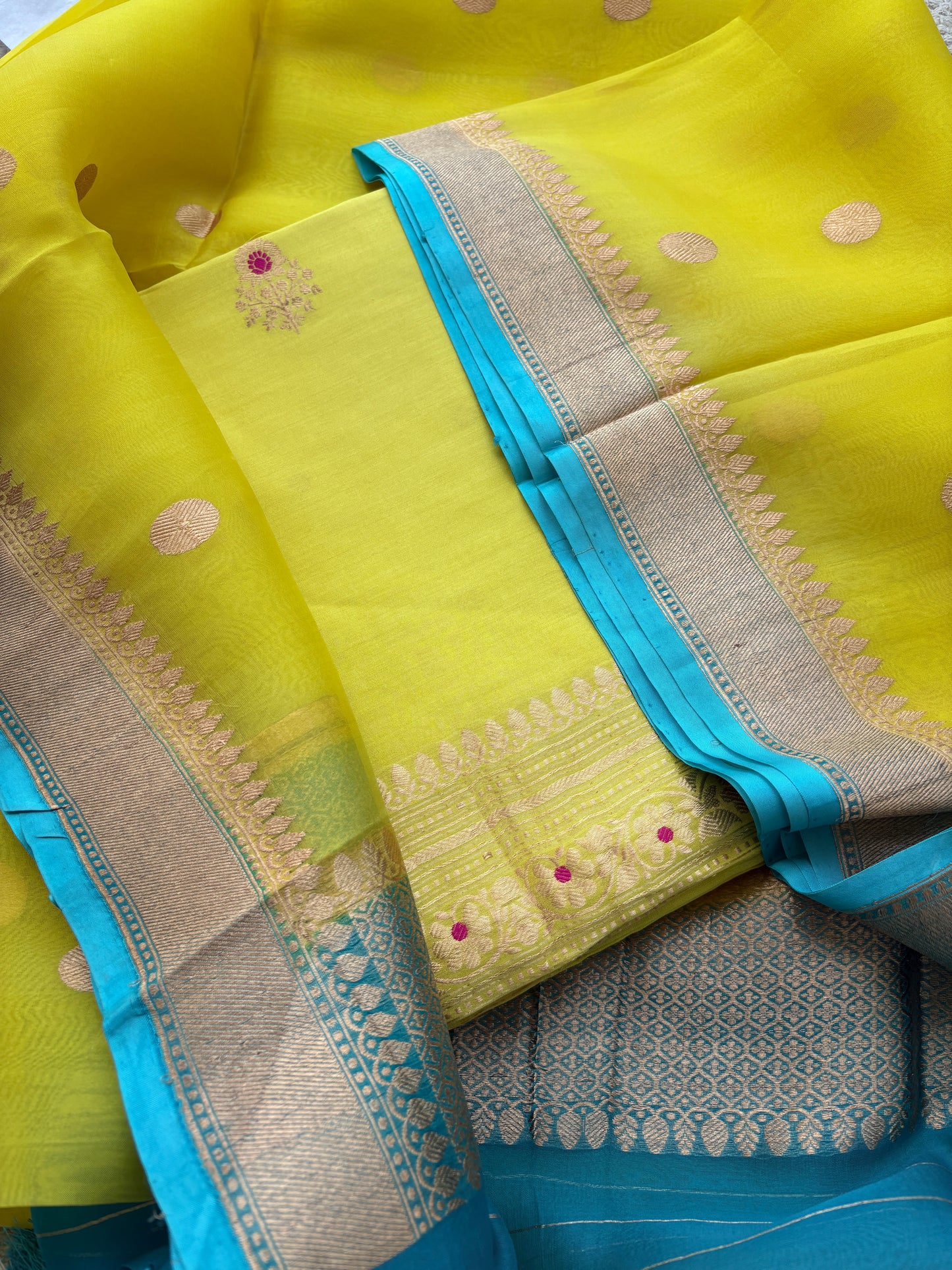 Lime suit with blue shaded dupatta