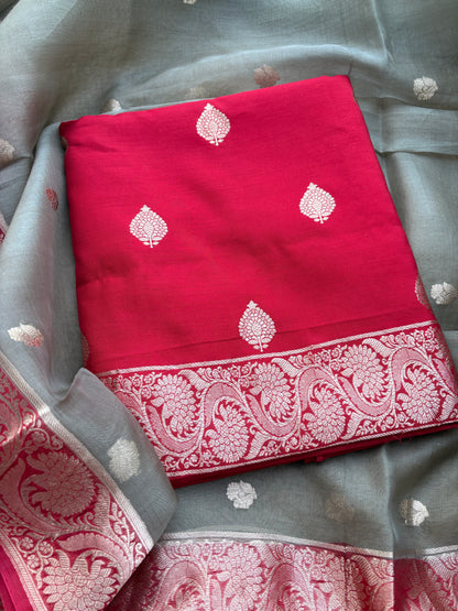 Red Chiniya silk kadhwa shaded dupatta