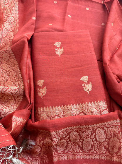 Rust raw silk tussar kadhwa suit set