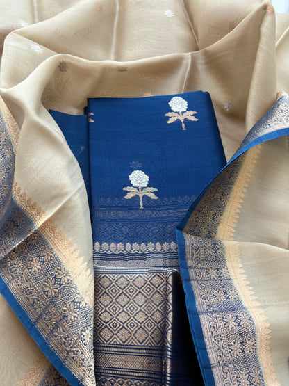 Blue kora silk suit with shaded dupatta