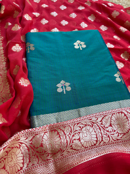 Blue katan by katan silk suit with Khaddi georgette dupatta