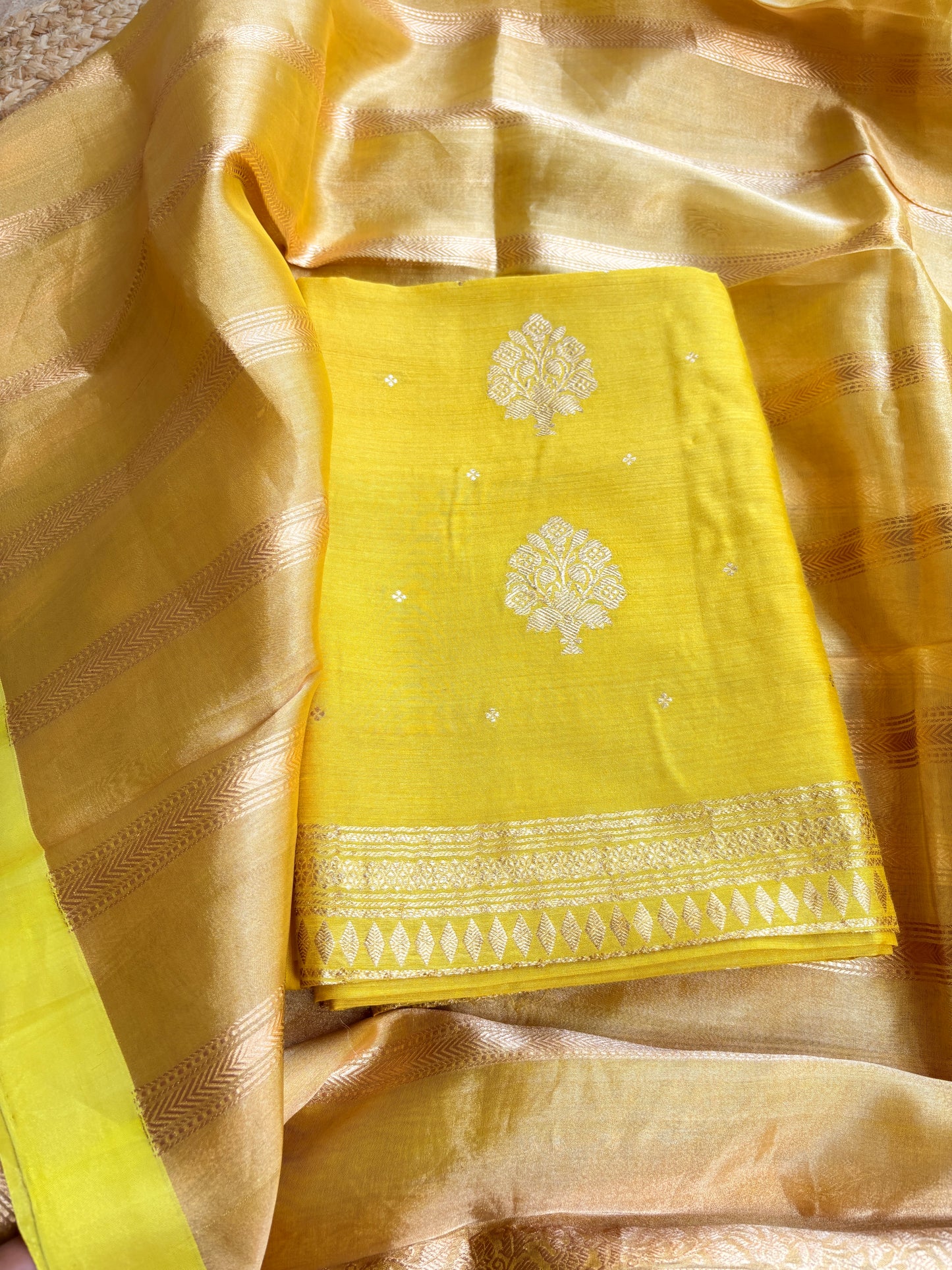Lime yellow moonga silk kurta, bottom and tissue kadhwa dupatta
