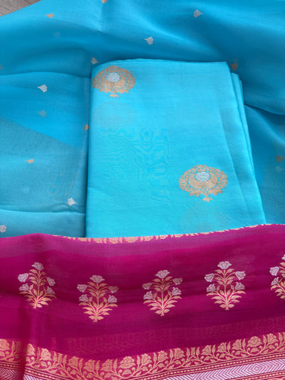 Blue Chiniya silk kora kadhwa suit set
