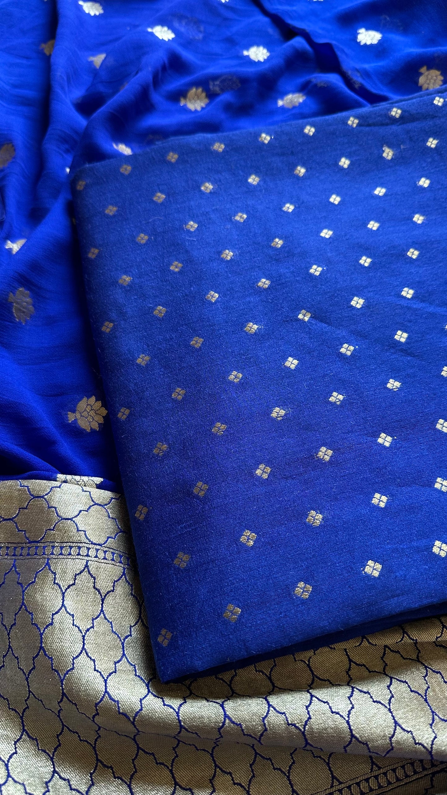 Blue pure moonga silk kurta, moonga silk bottom and georgette dupatta.