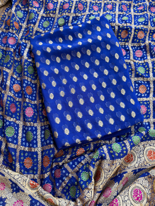 Blue Khaddi georgette suit set with Meenakari weaving