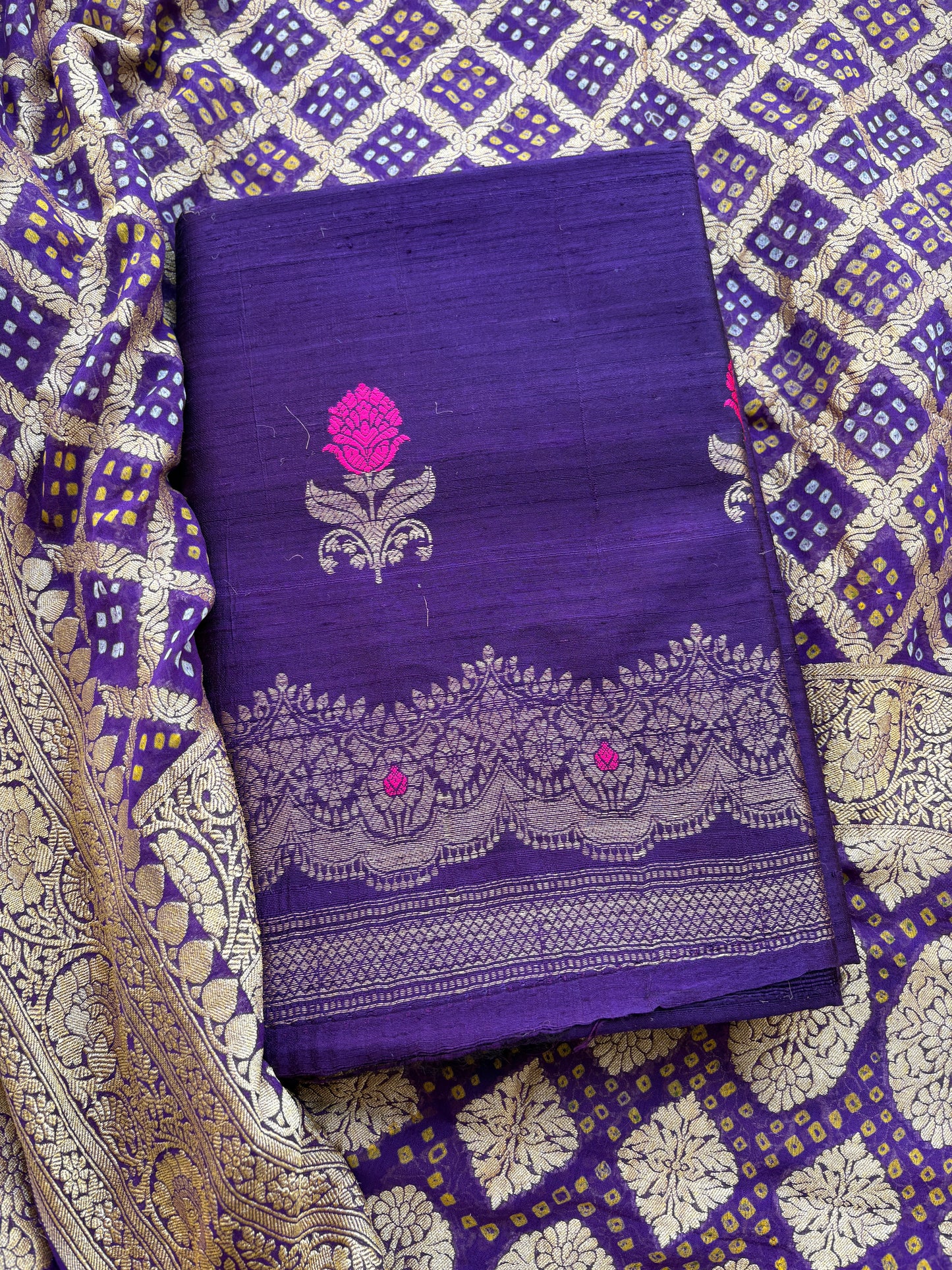 Purple raw silk kadhwa suit with Khaddi georgette dupatta