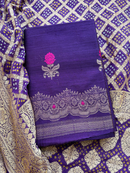 Purple raw silk kadhwa suit with Khaddi georgette dupatta