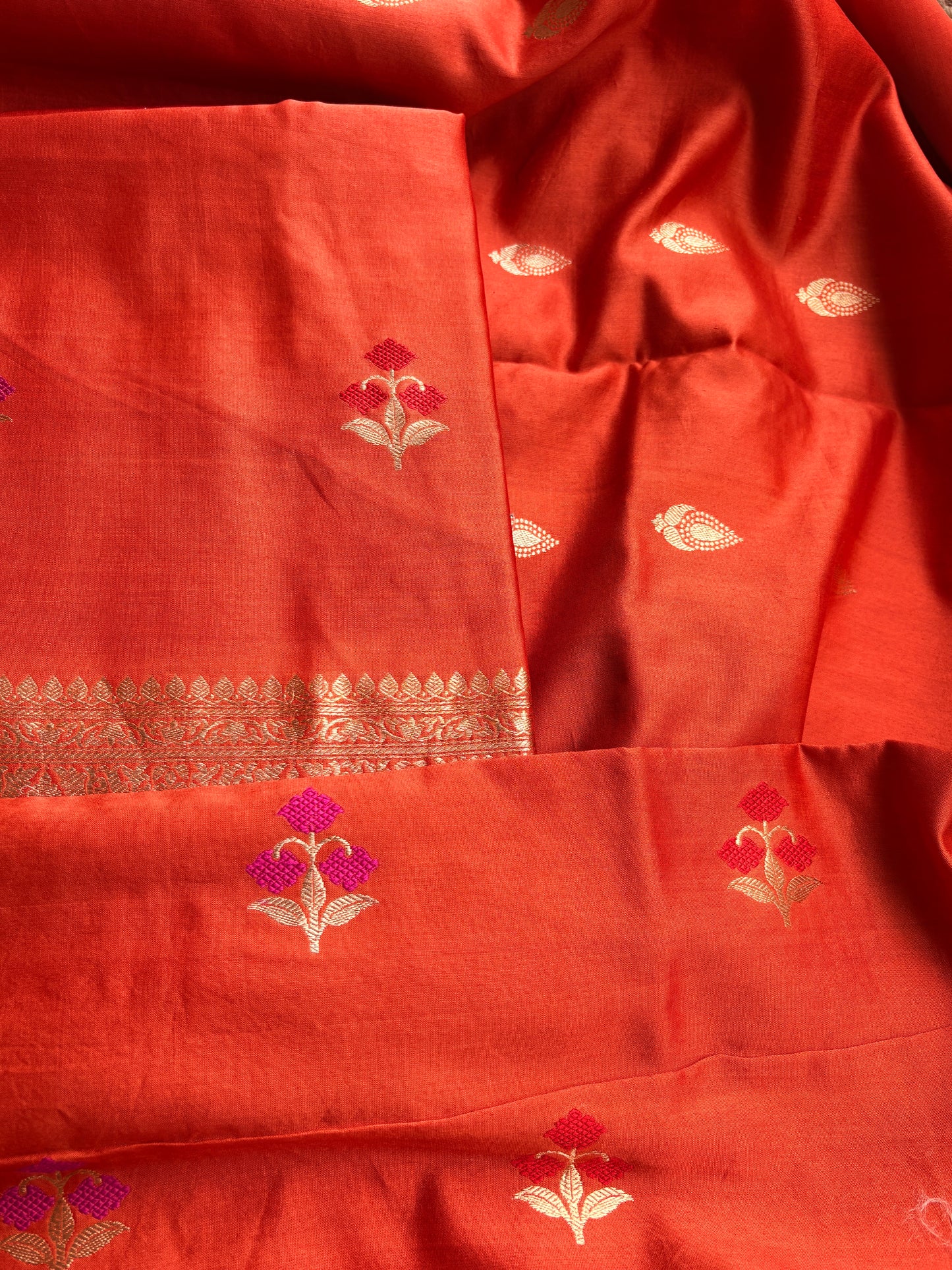 Rust orange Chiniya silk kadhwa suit set.
