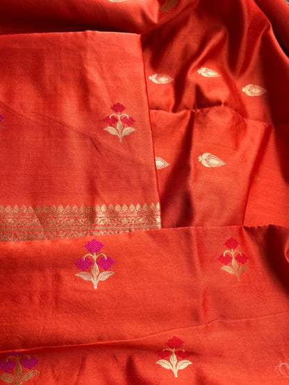 Rust orange Chiniya silk kadhwa suit set.