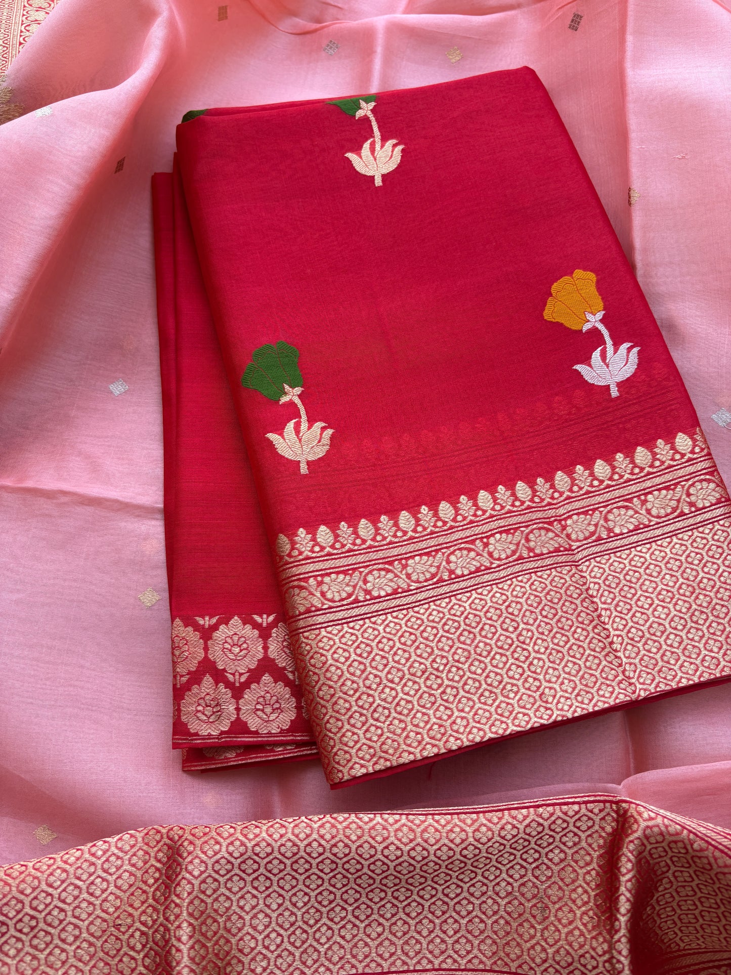 Red kora silk suit set with shaded pink dupatta