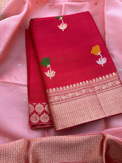 Red kora silk suit set with shaded pink dupatta