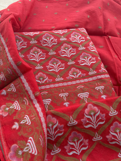 Red Chanderi brocade weaving suit set