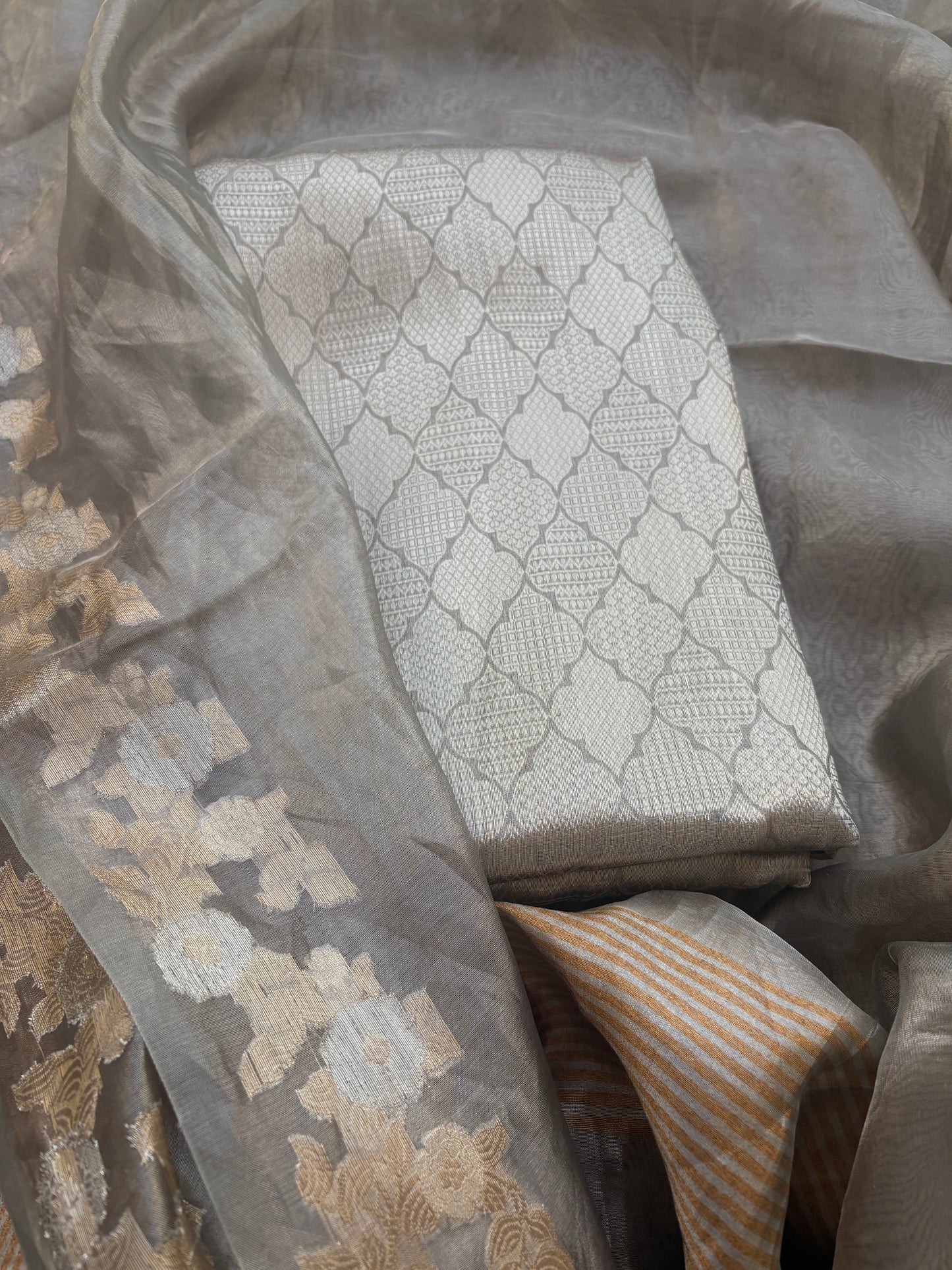 Silver grey tissue brocade suit set