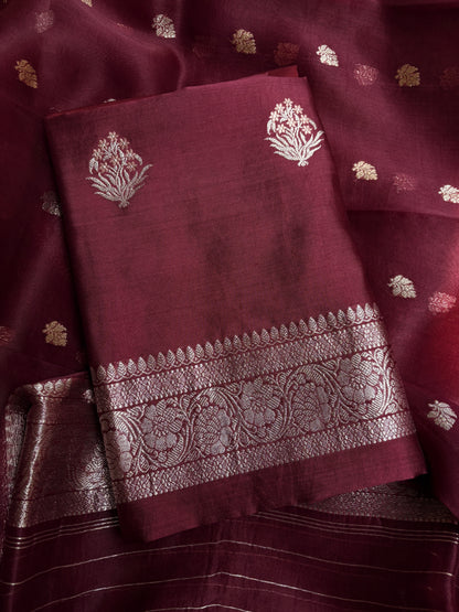 Maroon chiniya silver zari kadhwa kurta, kora silver zari dupatta, plain bottom
